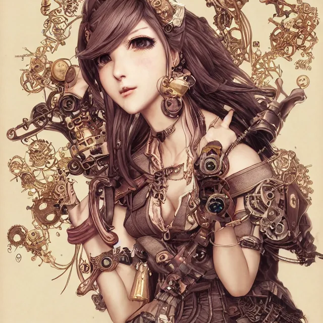 Image similar to the portrait of true neutral semi - colorful female steampunk mechanist as absurdly beautiful, gorgeous, elegant, young gravure idol, an ultrafine hyperdetailed illustration by kim jung gi, irakli nadar, intricate linework, bright colors, octopath traveler, final fantasy, unreal engine 5 highly rendered, global illumination, radiant light, detailed and intricate environment