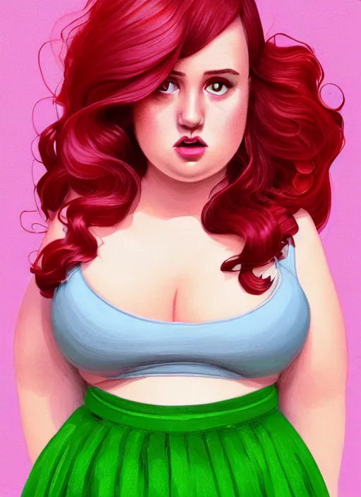 Prompt: full body portrait of teenage cheryl blossom, obese, bangs, green eyes, sultry expression, red hair, sultry smirk, bangs and wavy hair, pink skirt, obese, intricate, elegant, glowing lights, highly detailed, digital painting, artstation, concept art, smooth, sharp focus, illustration, art by wlop, mars ravelo and greg rutkowski