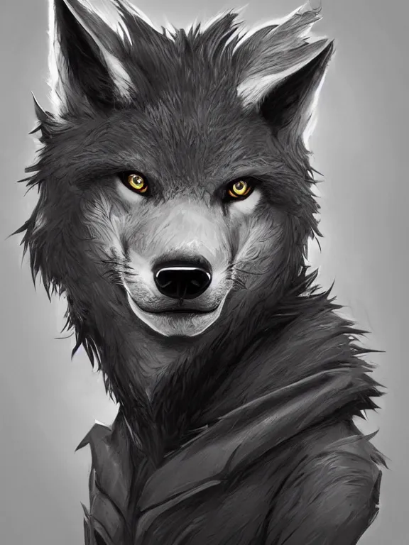 Prompt: 3/4 headshot of cute anthro wolf man, handsome, fantasy, intricate, long muzzle, wolf ears, fursona, black fur, elegant, highly detailed, digital painting, artstation, concept art, smooth, sharp focus, illustration, art by artgerm and greg rutkowski and alphonse mucha red wall in background