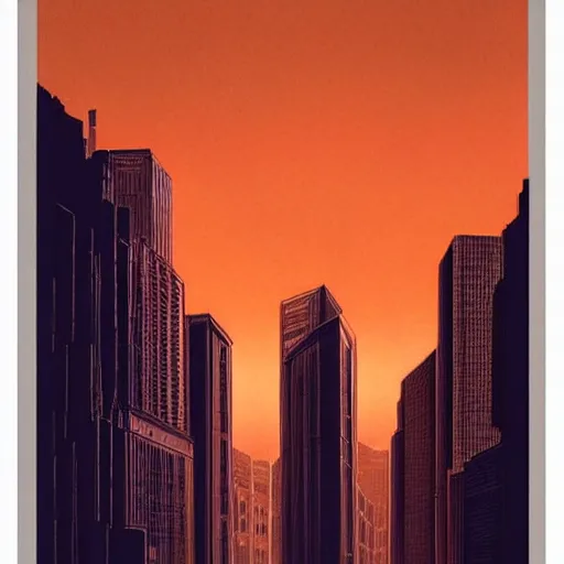 Prompt: Print. A beautiful, but eerie, illustration of a cityscape at night. The buildings are all tall and thin, and they are lit up by a strange light. The sky is deep and dark and there are no stars to be seen. DayGlo orange, ivory by Anne Geddes ghastly