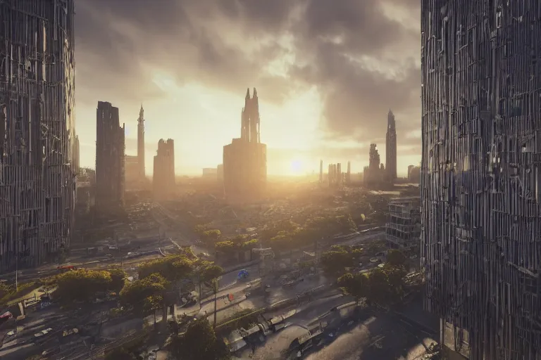 Image similar to streetscape, a towering cathedral of brutalist architecture, buildings covered with greebles, stunning volumetric light, sunset, metal, concrete and translucent material, stunning skies, majestic landscape, trending on Artstation, 8k, photorealistic, hyper detailed, unreal engine 5, IMAX quality, cinematic, epic lighting, in the style of Greg Rutkowski