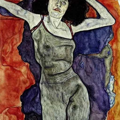 Image similar to wide angle full body portrait of ripley slipping out of her jumpsuit, watercolor, masterpiece, by Egon Schiele