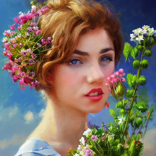 Image similar to a portrait of a romantic woman with flowers grow out of hair, roses peonies forget-me-nots dahlias lupins gladioli, sky theme in background, by Alexandr Averin, Digital Art, Trending on artstation