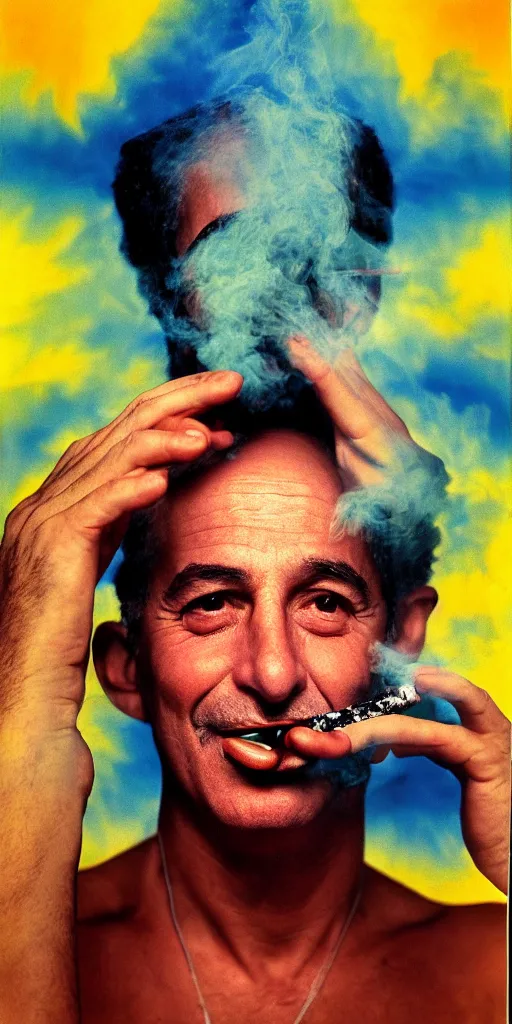 Prompt: award winning photo of MOSHE COHEN smoking weed, vivid colors, happy, symmetrical face, beautiful eyes, studio lighting, wide shot art by Sally Mann & Arnold Newman