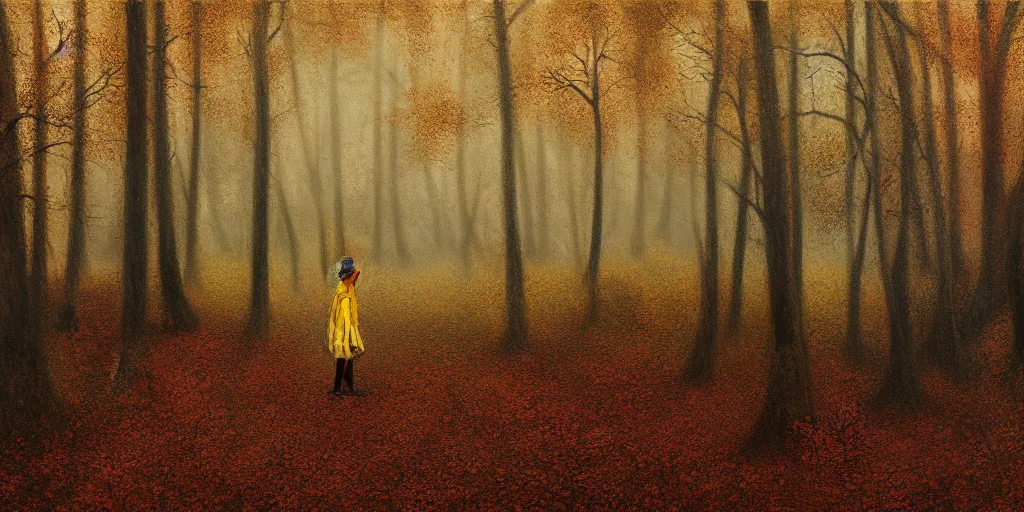 Image similar to a girl in an autumn forest, yellow and red tones, by Aron Wiesenfeld, wolf, cinematic, detailed illustration, nature, fog, dark colors, suspense, intricate, 8k