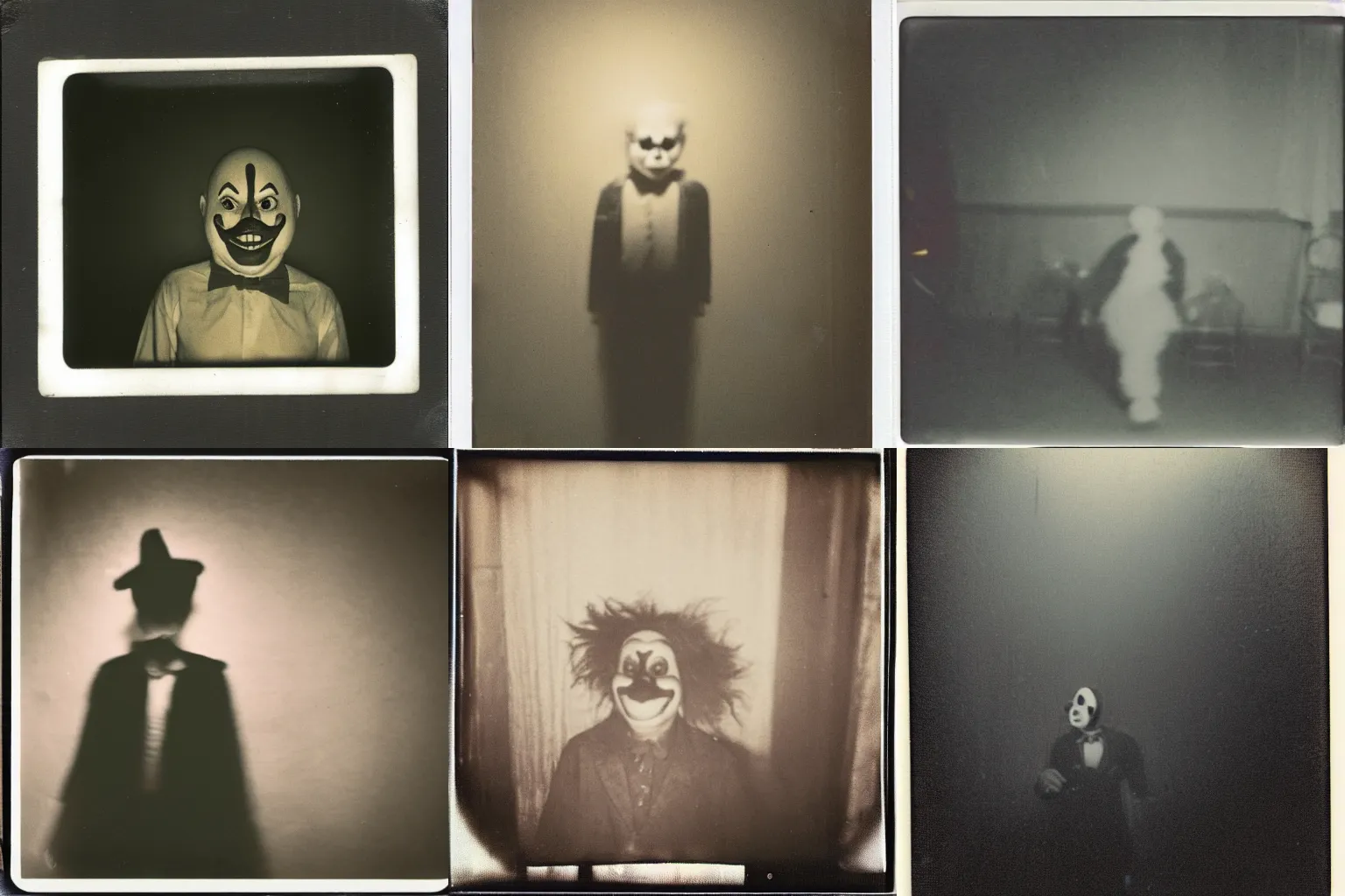 Prompt: an eerie polaroid photograph of a clown in the backrooms, nighttime, dimly lit, creepy