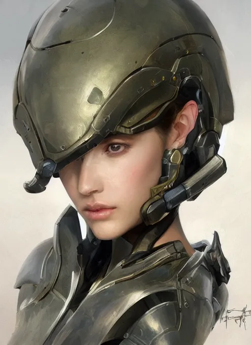 Image similar to a professional painting of a beautiful young female, clothed in military armor, olive skin, long dark hair, beautiful bone structure, symmetrical facial features, intricate, elegant, digital painting, concept art, smooth, sharp focus, illustration, from Metal Gear, by Ruan Jia and Mandy Jurgens and Artgerm and William-Adolphe Bouguerea