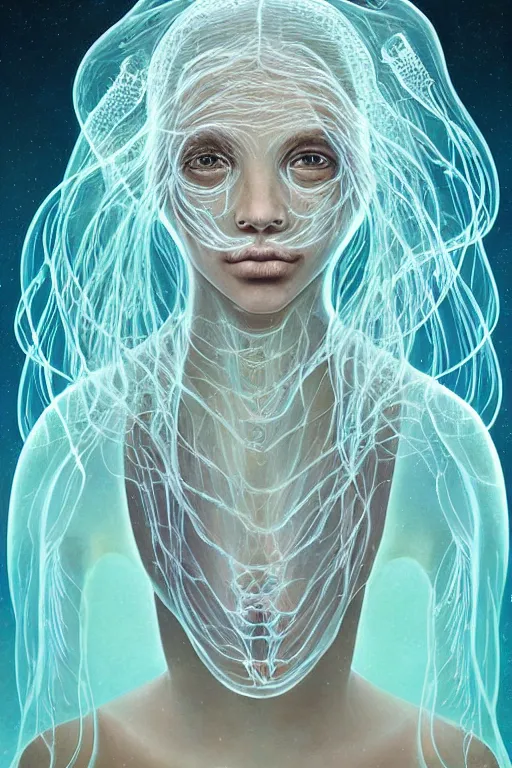 Prompt: dark underwater portrait of a Bioluminescent woman, with reaction diffusion semi-transparent skin. face closeup. long intricate dark hair, with jellyfish. very high detail, illustration, by alex grey and Ilya Kuvshinov