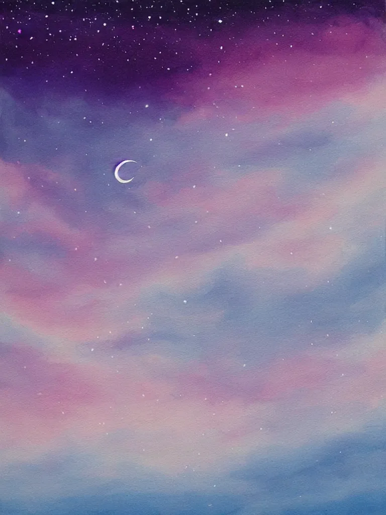 Image similar to painting of night sky. A crescent moon and many stars are in a dark cloud free layer of sky at the top half of the painting. Beneath this is a deep layer of pink and purple ombre puffy fluffy puffy clouds close to the horizon at the bottom half of the painting. Artstation. Deviantart.