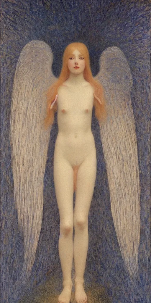 Image similar to Say who is this with silver hair so Wan and thin? Adorable feminine angel in the style of Jean Delville, Lucien Lévy-Dhurmer, Fernand Keller, Fernand Khnopff, oil on canvas, 1921, 4K resolution, aesthetic, mystery