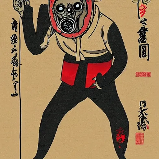 Prompt: a zombie wearing a gas mask in the style of Ukiyo-e - s 50