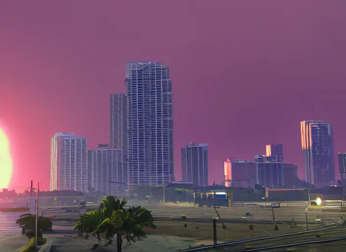 Image similar to still next - gen ps 5 game grand theft auto 6 2 0 2 4 remaster, graphics mods, rain, red sunset, people, rtx reflections, gta vi, miami, palms and miami buildings, photorealistic screenshot, unreal engine, 4 k, 5 0 mm bokeh, close - up furore gt, gta vice city remastered, artstation