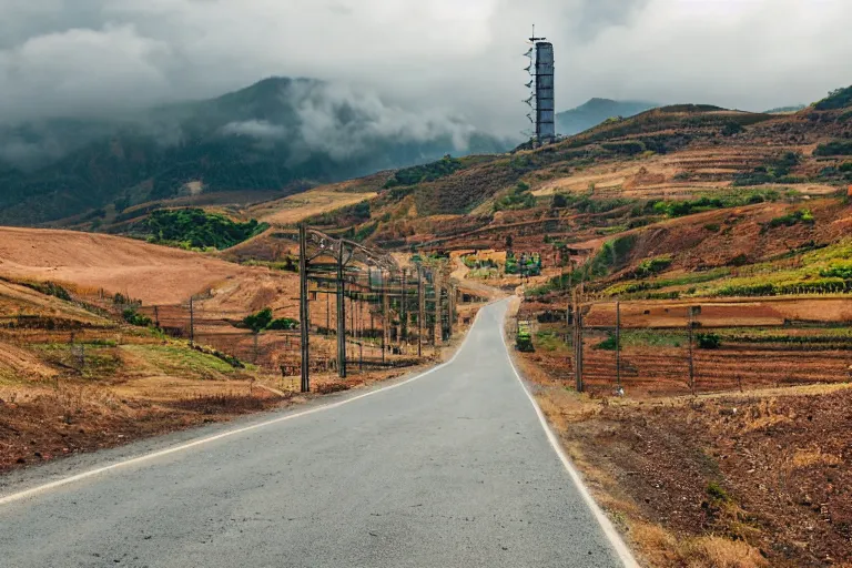 Image similar to looking down road of warehouses. hills background with radio tower on top. telephoto lens compression.