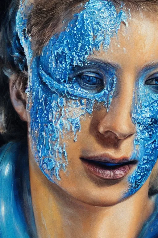 Prompt: hyperrealism oil painting, close-up portrait of melting medieval fashion model, melted cyborg, blue gradient mixed with star sky, in style of classicism mixed with 70s japan book art