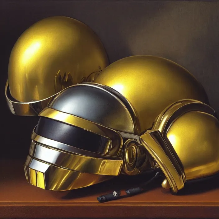 Image similar to still life painting of a daft punk helmets and greenery by pieter claesz, oil on canvas, strong lighting, highly detailed, hyper realism, golden hour, god rays, hd, 4 k