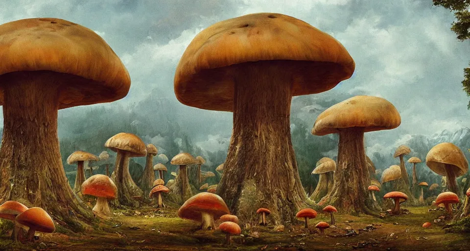 Prompt: A tribal village in a forest of giant mushrooms, by André François