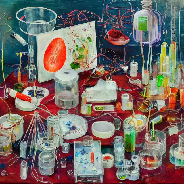 Prompt: eurasian female artist, surgical equipment, raw pork, berry juice drips, pancakes, berries, bones, electrical wires, battery, oxygen tank, scientific glassware, seedlings, bones, art supplies, candles dripping wax, neo - impressionist, surrealism, acrylic and spray paint and oilstick on canvas