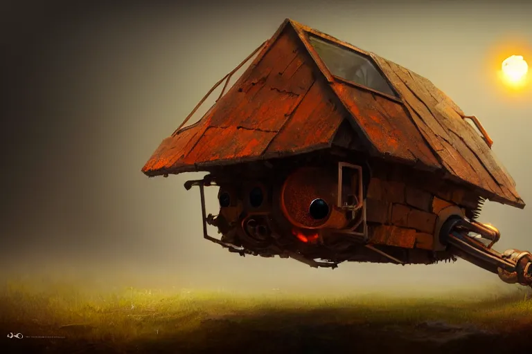 Image similar to a walking wood house with two mechanical legs and two glowing eyes, rust, hyperrealistic, pareidolia, highly detailed, cinematic, single ray of sun, fog, beautiful, cgssociety, artstation, 8 k, oil painting