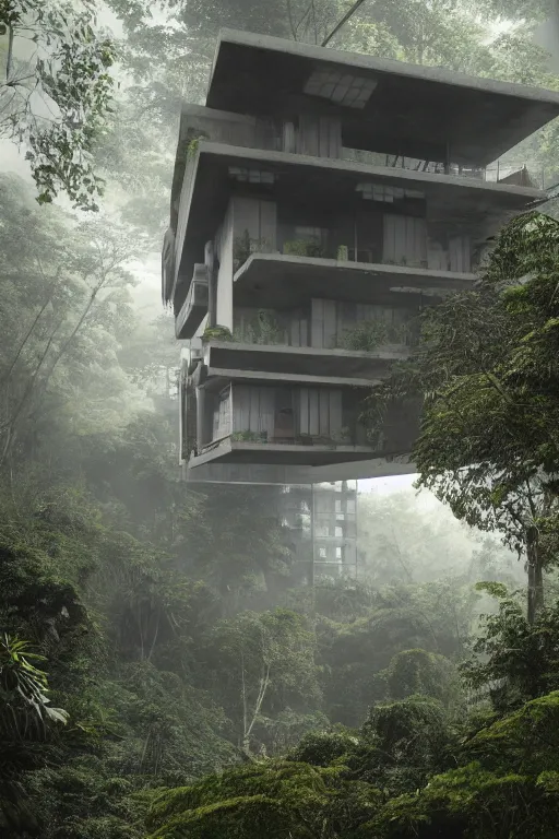 Image similar to architecture inspired by le corbusier in the rainforest. nature is taking over. upside down. metabolism. matte painting. octane render. hdr. volumetric lighting. global illumination. atmospheric.