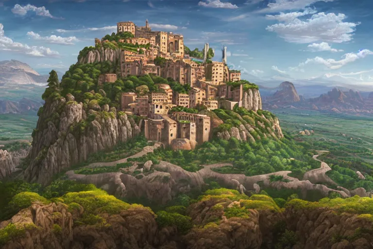 Image similar to an ultra detailed matte landscape painting of an extremely tall and strong young man with short brown hair standing on a cliff overlooking a medieval capital built on top of many hills, italian renaissance architecture, ultrawide lense, aerial photography, 8 k, volumetric lighting, smooth, highly detailed, digital illustration, art by kentaro miura and akira toriyama and artgerm