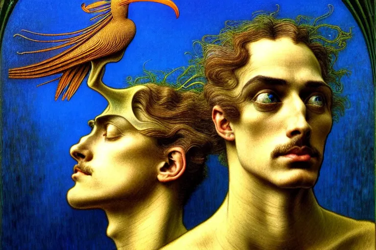 Image similar to realistic detailed portrait painting of a man with head of a bird, nightly graveyard landscape background by Jean Delville, Amano, Yves Tanguy, Max Ernst, Alphonse Mucha, Ernst Haeckel, Edward Robert Hughes, Roger Dean, masterpiece, cinematic composition, dramatic pose, 4k details, rich moody colours, blue eyes