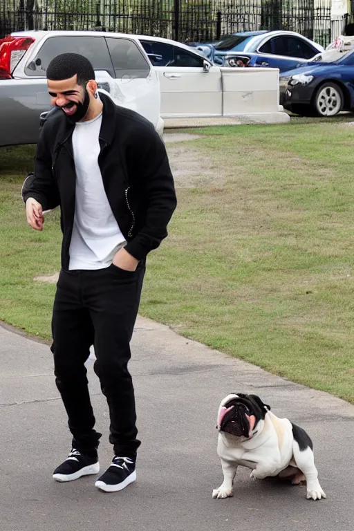 Prompt: drake laughing at an english bulldog peeing on his car