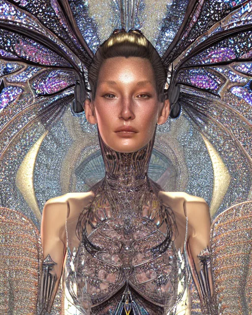 Prompt: a highly detailed metahuman 4 k close up render of an alien goddess bella hadid monument dragonfly in iris van herpen dress schiaparelli in diamonds crystals swarovski and jewelry iridescent in style of alphonse mucha gustav klimt trending on artstation made in unreal engine 4