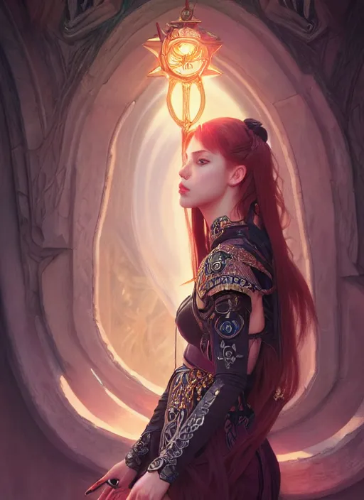 Image similar to jossi of blackpink, deep focus, tarot card, fantasy, intricate, elegant, highly detailed, digital painting, artstation, concept art, matte, sharp focus, illustration, hearthstone, art by artgerm and greg rutkowski and alphonse mucha