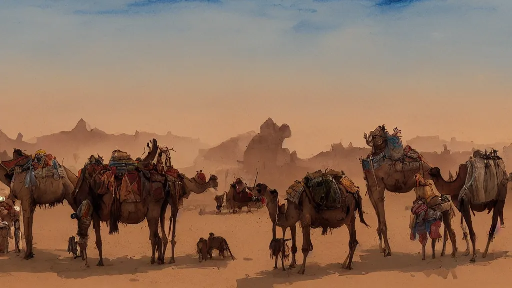 Prompt: view of arabian caravan with camels in the desert, watercolored, jakub rozalski, dark colours, dieselpunk, artstation