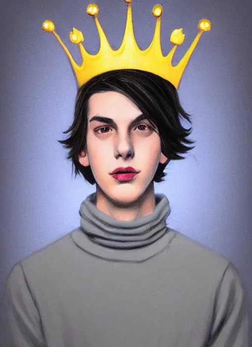 Image similar to portrait of teenage jughead jones wearing a light grey crown, crown, blue turtleneck, 1 9 5 0 s, closed eyes, photorealistic, black hair, glowing lighting, intricate, elegant, glowing lights, highly detailed, digital painting, artstation, concept art, smooth, sharp focus, illustration, art by wlop, mars ravelo and greg rutkowski