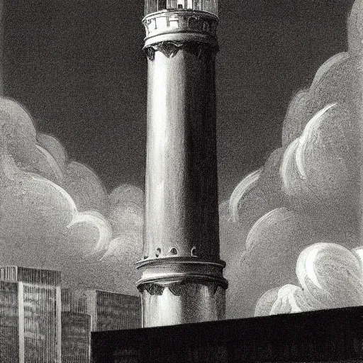 Prompt: an engraving of a storm battering a lighth tower skyscrepper in city downtown by edward hopper