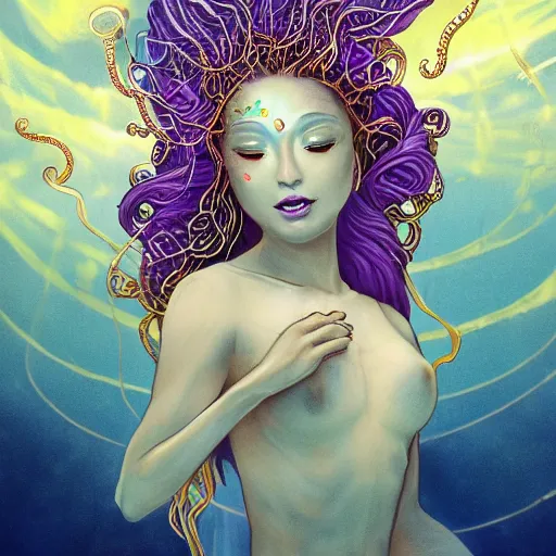 Prompt: Full body photo of the most beautiful goddess, she has a jellyfish-phoenix head's and a siren body, some tentacles are on her body, she flying to heaven through the clouds, she is swimming with some chrysaora hysoscella, there is smoke behid her, by Tooth Wu, trending on Artstation, digital art, symmetrical artwork, cinematic, hyper realism, high detail, octane render, 4k, 8k