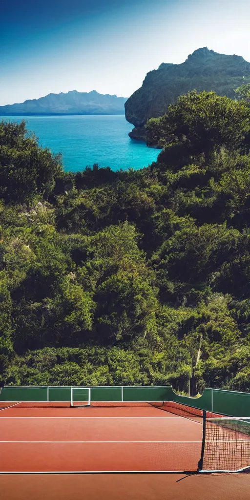 Image similar to Tennis court between mountains and sea. the style of National Geographic magazine