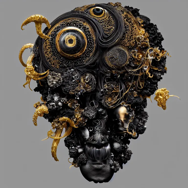 Image similar to black background. absolutely symmetrical sculpture. centered. goddess princess face close-up portrait ram skull. sculpture made of gold and black charcoal. jellyfish phoenix head, nautilus, orchid, skull, betta fish, bioluminiscent creatures, intricate artwork by Tooth Wu and wlop and beeple. octane render, trending on artstation, greg rutkowski very coherent symmetrical artwork. cinematic, hyper realism, high detail, octane render, 8k