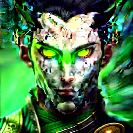 Image similar to a highly detailed portrait of a man with dark green hair and green glowing eyes, high detail clothing, fantasy, elegant, highly detailed, digital painting, artstation, concept art, smooth, sharp focus, illustration, artbook, dynamic pose, splash art, promo art, soul caliber, art by artgerm and greg rutkowski and bo chen and jin xiaodi