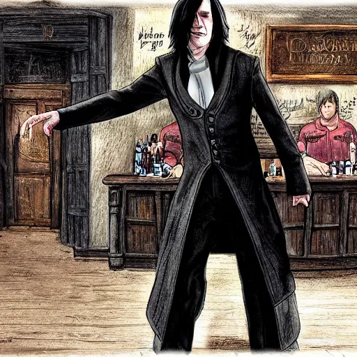 Prompt: Severus Snape dances in a bar, detailed background, realistic, full body, very detailed, super realistic.