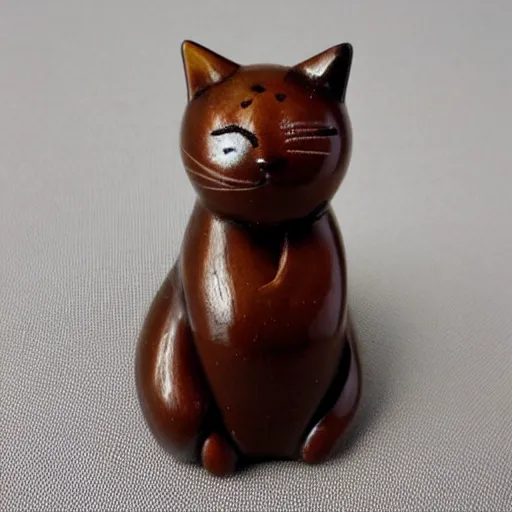 Prompt: elegant anthropomorphic cat figurine wearing a kimono, brown resin, toggles, very highly detailed, intricate, monotone, shy looking down