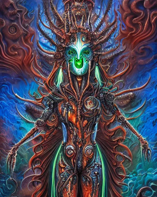 Prompt: silver mechanical charred bloody fleshmetal cyborg daemonhost woman psychedelic flamer of tzeentch with extra arms, blue and green rainbow fire, by antonio j. manzanedo, alex grey, android jones, wayne barlowe, philippe druillet, raymond swanland, cyril rolando, josephine wall, cronenburg, trending on artstation