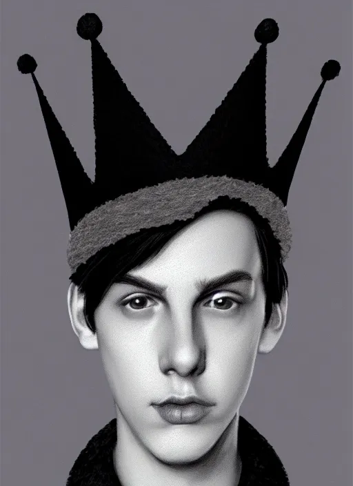 Image similar to portrait of teenage jughead jones wearing a light grey crown, photorealistic, crown made of felt fabric, crown, crown made of felt, black hair, intricate, elegant, highly detailed, digital painting, glowing lights, artstation, concept art, smooth, sharp focus, illustration, art by wlop, mars ravelo and greg rutkowski