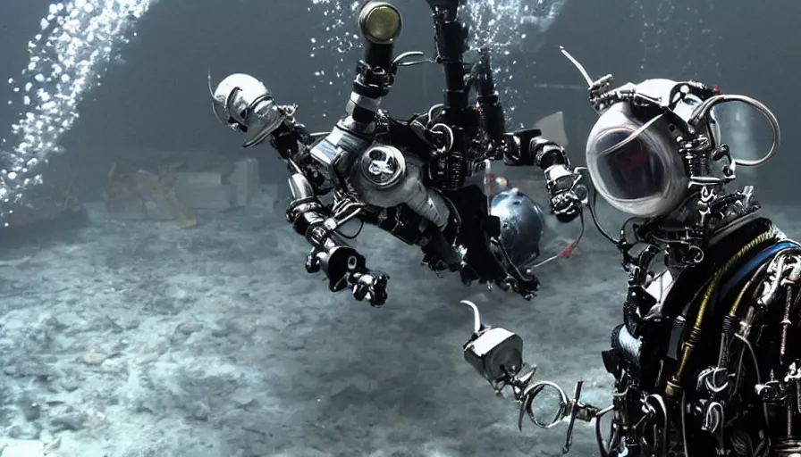 Image similar to Big budget movie about a cyborg demon fighting a deep sea diving suit