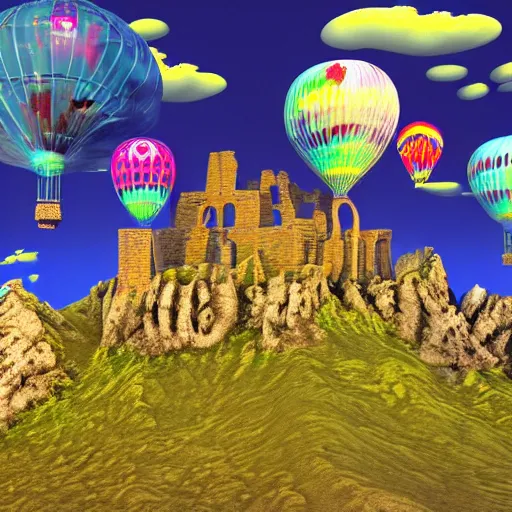 Prompt: 3 d render of cybernetic mountain landscape with castle ruins with angel wings and hot air balloons against a psychedelic surreal background with 3 d butterflies and 3 d flowers n the style of 1 9 9 0's cg graphics, psx demoscene, 3 d rendered y 2 k aesthetic by ichiro tanida, 3 do magazine, wide shot