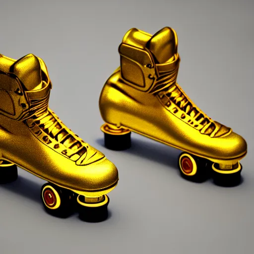 Image similar to a pair of golden roller skates, digital illustration, detailed, 8 k, artstation, detailed and intricate, 8 k resolution, hyperrealistic, octane render, cinematic 9