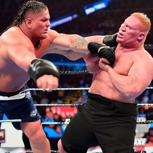 Prompt: https://static.foxnews.com/foxnews.com/content/uploads/2022/07/Brock-Lesnar2.jpg trying to beat beat up roman reigns