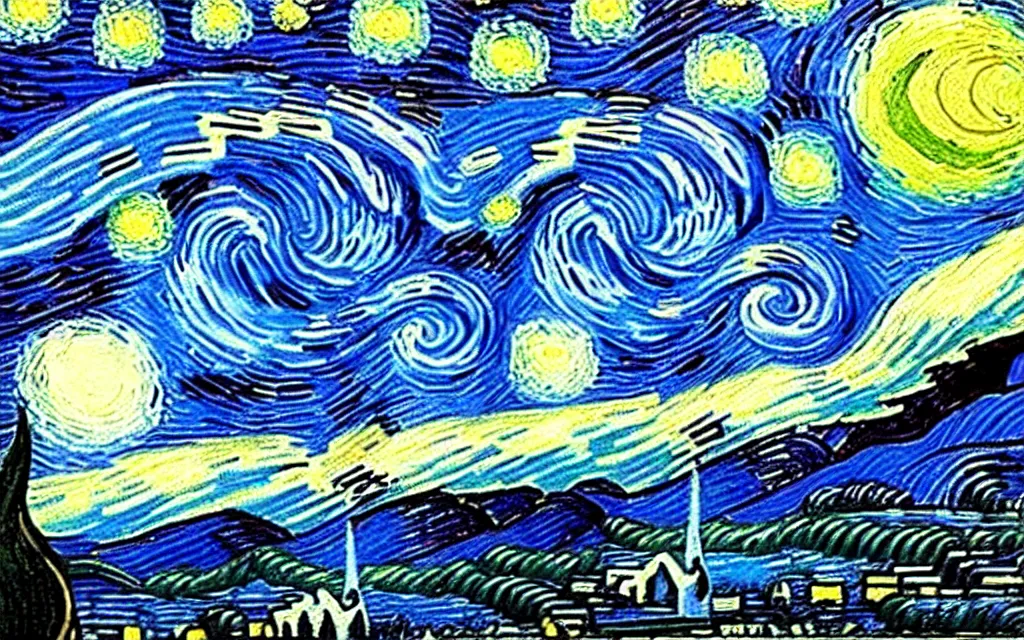 Image similar to star wars in the sky of the starry night by van gogh modern inpainting high details