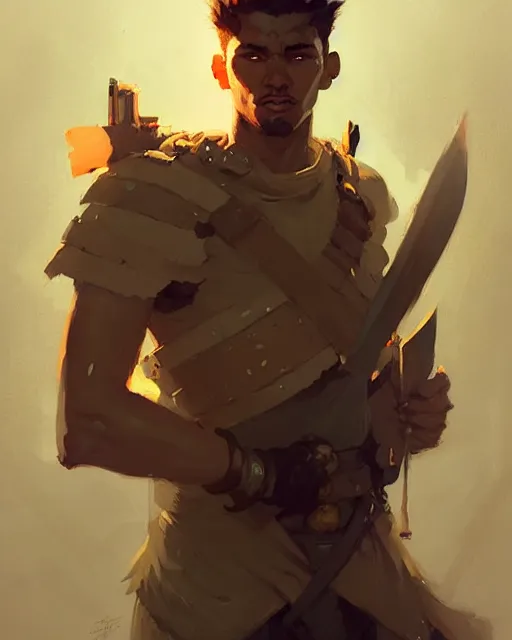 Image similar to portrait of beautiful male warrior by atey ghailan, by greg rutkowski, by greg tocchini, by james gilleard, by joe fenton, by kaethe butcher, dynamic lighting, gradient light yellow, brown, blonde cream and white color scheme, grunge aesthetic