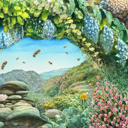 Prompt: delicate coastline mountain garden on paper, rock, bees, puffy, botanical herbarium, botanic watercolors, iridescent, 8 k wide angle, realistic shaded, fine details, artstation, italian, rainbow, colonnade, temple, oak tree, pinecone, pomegranade, vines, gardena architecture, pompeian, sicilian