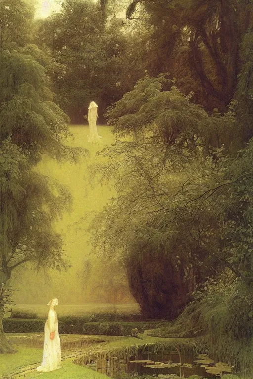 Image similar to zeus walks in dark gardens beside a small pond, misty, stately home visible in distance through trees, ruan jia, lawrence alma tadema, zdzislaw beksinski, carl spitzweg, everett raymond kinstler, norman rockwell