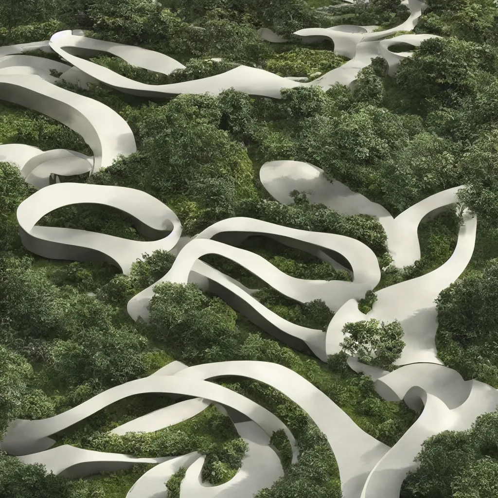 Prompt: “ an incredibly smooth curvilinear architectural immersive physical sculpture, unfolding continuous golden surfaces enclose a visually satisfying garden designed by zaha hadid, architecture render ”