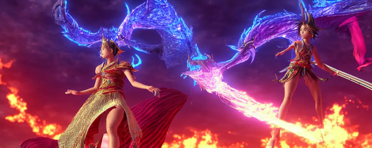 Prompt: Yuna from Final Fantasy X summoning Bahamut, CGI render scene, VFX, vibrant colors