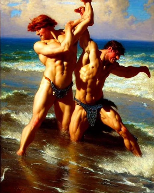 Image similar to muscular god neptune and muscular poseidon frolicking on the shore, painting by gaston bussiere, craig mullins, j. c. leyendecker,